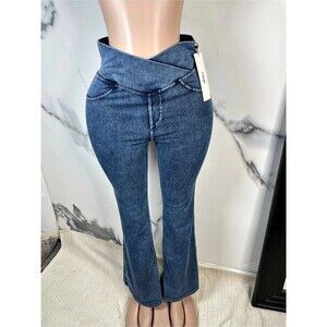 Jeans Crossover Denim Side Pockets Flare Leggings Flare Leggings Blue Medium